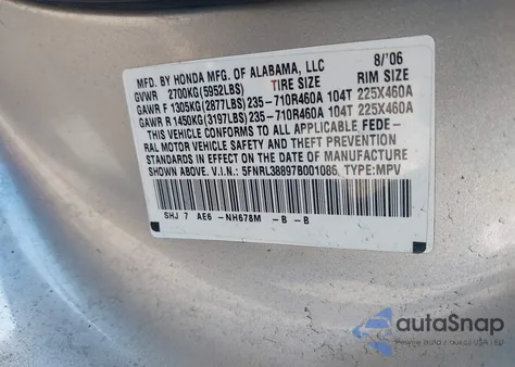 2007 Honda Odyssey Touring из США, поврежденный, VIN 5FNRL38897B001086